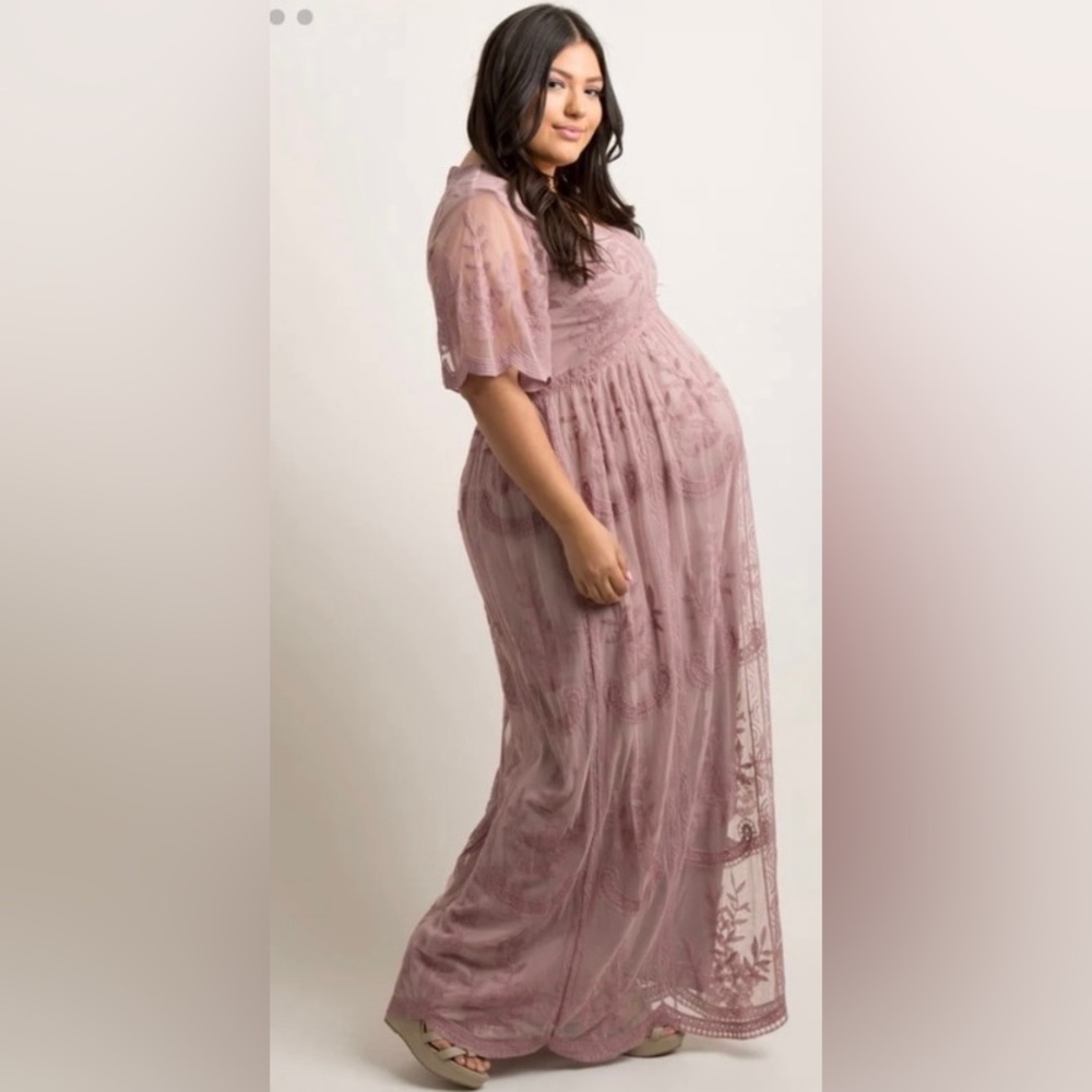 PinkBlush Mauve Lace Mesh Overlay Plus Maternity Maxi Dress